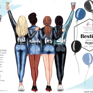 Best Friend clipart|Custom clipart|Besties|hairstyles|Denim Jackets|Denim Jeans|skirt|shorts|5 Skin Tones|Bachelorette|Hand Drawn|Text