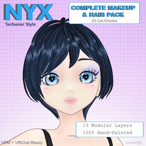 Hand-Painted Pixie Hair Full Makeup Pack VRoid Studio: 2D Cel-Shaded, 13 Modular Layers, VRChat Ready