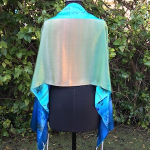 Women&#39;s Prayer Shawl, hand painted silk. Desigen of Seven Species in Blue, Green and Turquoise colors. Matching padded Tallith bag included.