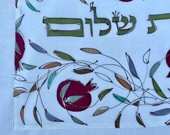 Multicolor Challah Cover, on light teal background. Shabat Shalom blessing. Silk Challah Cover, red pomegranates and colorful leaves.