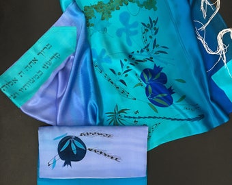 Talit azul e roxo, xale de oração feminino de seda pintado à mão. Design: Sete espécies em ambos os lados do talit. + bolsa para talit.