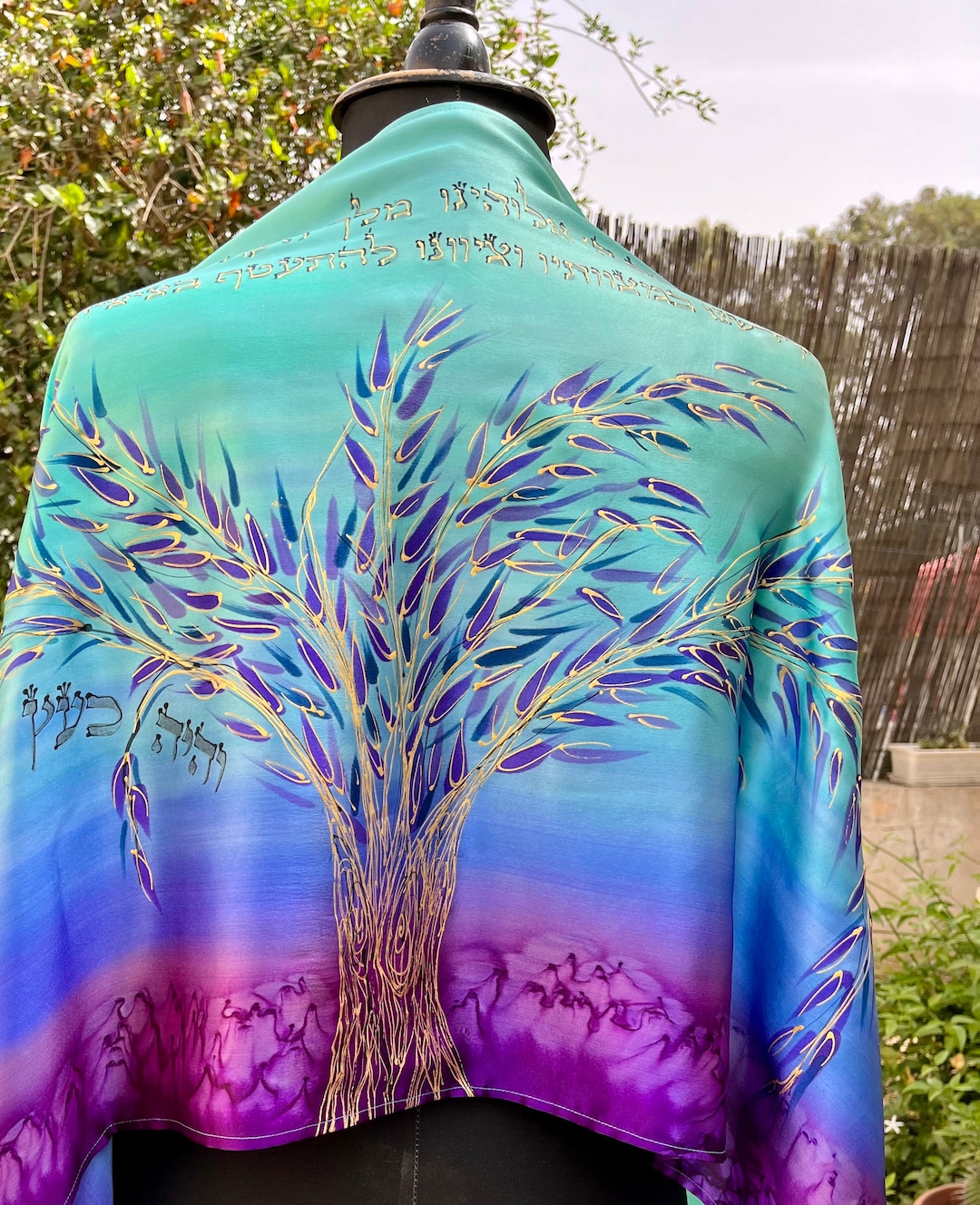 Handmade Silk Tree of Life Tallit With Purple, Turquoise, Teal & Gold Design for Bat Mitzvah Etsy