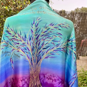 Handmade Silk Tree of Life Tallit with Purple, Turquoise, Teal & Gold Design for Bat Mitzvah