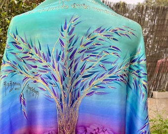 Handmade Silk Tree of Life Tallit with Purple, Turquoise, Teal & Gold Design for Bat Mitzvah