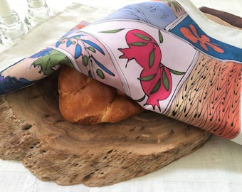 Colorful hand-painted silk challah cover for Jewish holidays