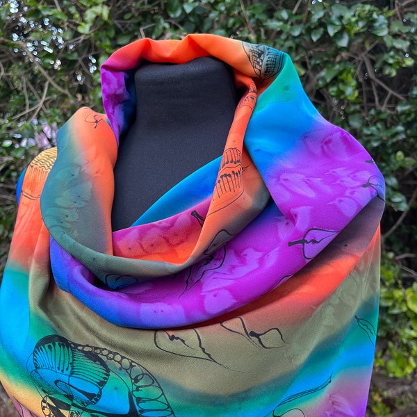 Rainbow colorful scarf, with drawing of abstract leaves in black line. Quality Crepe deshin Matte  silk. In addition a matching scarf bag.