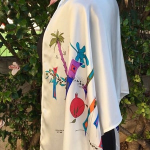 White silk Tallit with Seven Species in 7 colors. A happy and colorful prayer shawl for women, Bat Mitzvah or cantors. +Tallith Bag.