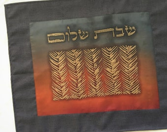 Hand-painted silk gray/orange challah cover for Shabbat