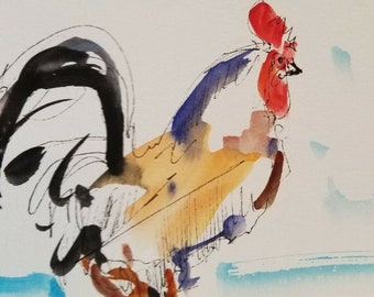 Jose Trujillo modernisme haan aquarel schilderij ondertekend COA papier 6 x 9 &quot;