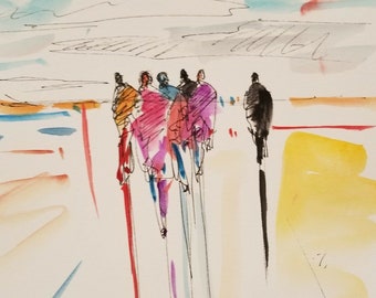 Jose Trujillo originele aquarel schilderij ondertekend moderne mensen groep menigte hemel