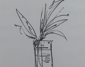 JOSE TRUJILLO Original Charcoal on Paper Sketch Drawing 18X24" Plant in Glass