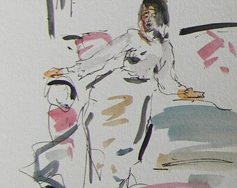 Jose Trujillo-originele aquarel schilderij abstract expressionistische figuratieve