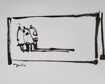 JOSE TRUJILLO Expressionism Pen Ink Paper 5x8 Couple Walk Figures Modern Art NEW