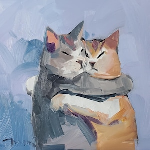 Jose Trujillo Grande stampa su tela 16x16" Dipinto impressionista Artista Gatti che si abbracciano Grigio stravagante