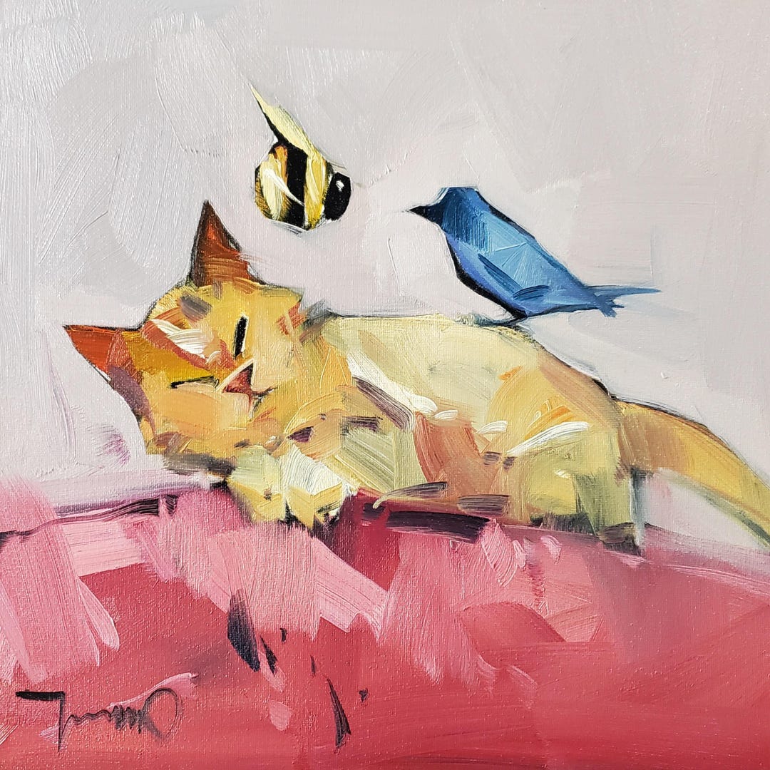 Cat Bird Bee Art PRINT of an Oil Painting by Artist Jose Trujillo 16x16 ...