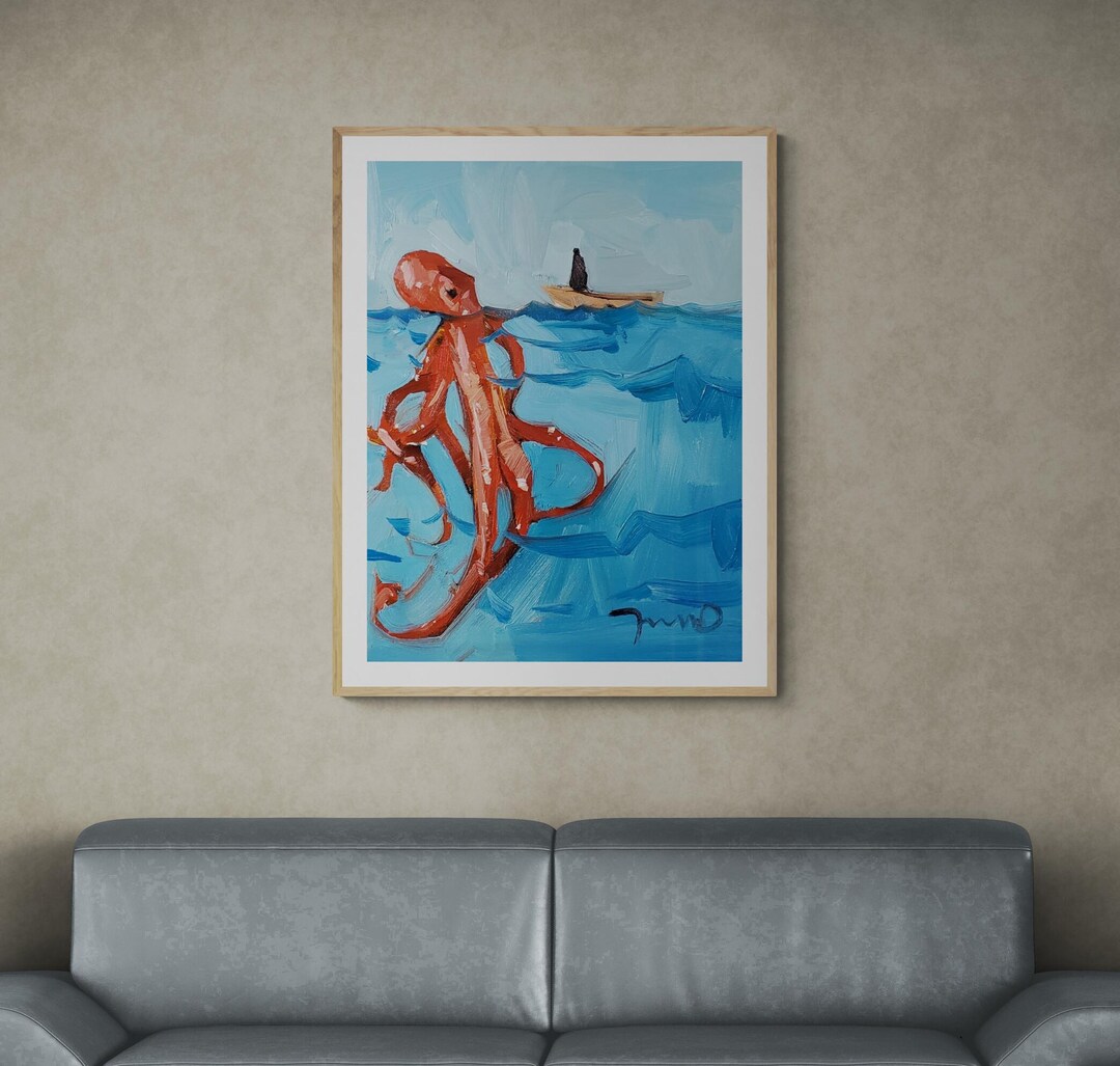 Large 30x40 Red Octopus Sea Boat Art PRINT of an Oil Painting by Artist ...