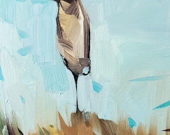 May include: An abstract oil painting of a bird with a long neck and beak. The bird is painted in shades of brown, beige, and black, set against a backdrop of light blue and white brushstrokes. The artwork has a textured appearance.