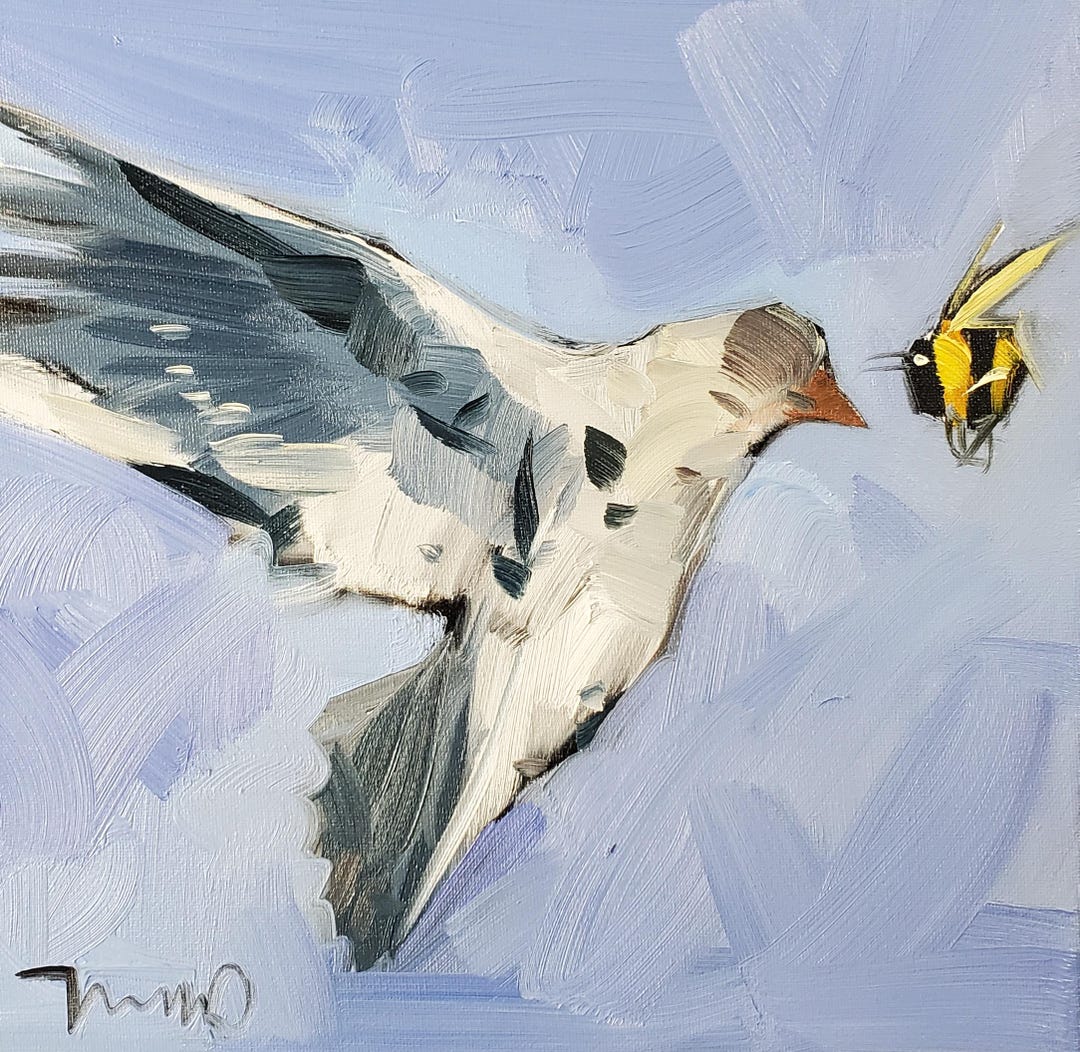 Jose Trujillo Large 16x16" Canvas Print Impressionist Bird and Bee in ...