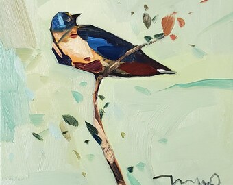 May include: An oil painting of a bird perched on a branch. The bird has blue, brown, and orange feathers. The background is a light green with brushstrokes. The painting is signed in the bottom right corner.