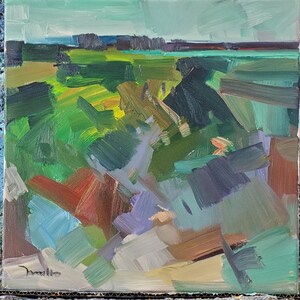 May include: An original oil painting of a landscape with a vibrant color palette. The artwork features a field of green and yellow brushstrokes, with hints of blue and purple. The sky is a light blue, and the painting is signed in the bottom left corner.