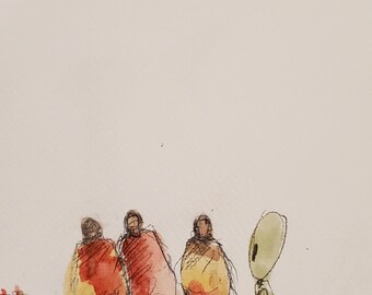 May include: Watercolor painting depicting four figures in a desert landscape. Three figures are draped in red and yellow cloaks, while the fourth is a green, alien-like figure. Cacti with red flowers are in the foreground.