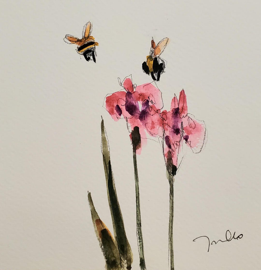 Flowers Bees Decor Art PRINT of Watercolor Painting by Artist Jose ...