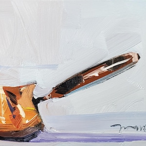 May include: An oil painting depicting a copper coffee pot with a long, dark brown handle. The pot is a warm, golden colour, and the handle is a contrasting dark brown. The background is a textured white with hints of blue and purple.