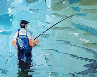 May include: An impressionistic painting of a person fishing in a body of water. The figure, seen from the back, wears blue overalls and a black cap, holding a fishing rod. The water is rendered in shades of blue and green, with visible brushstrokes.