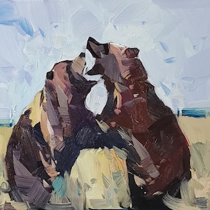 May include: An oil painting depicts two brown bears embracing. The artwork uses thick brushstrokes and a palette of browns, blues, and yellows to create a textured, expressive scene. The bears are set against a backdrop of a light blue sky and a field.