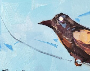 May include: An oil painting of a bird in profile against a light blue background. The bird has dark brown and tan feathers, a dark beak, and a bright white eye. The painting has visible brushstrokes and a signature in the lower left corner.