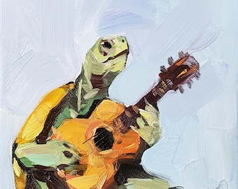 Jose Trujillo 40x40cm Leinwanddruck impressionistische Schildkröte, die Gitarre spielt