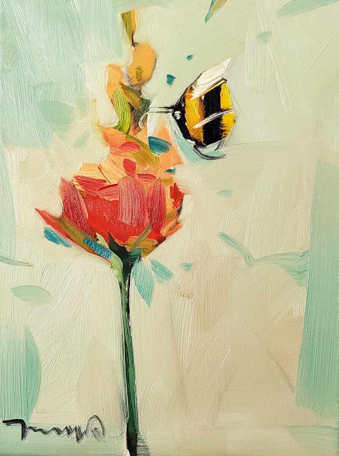 Red Flower Bee Art PRINT of Oil Painting by Artist Jose TRUJILLO 16x20 ...