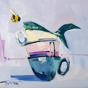 May include: An oil painting featuring a stack of three ceramic cups in shades of blue, pink, and cream, topped with a dark green leaf. A small yellow and black bumblebee is depicted hovering to the left of the cups against a light background.