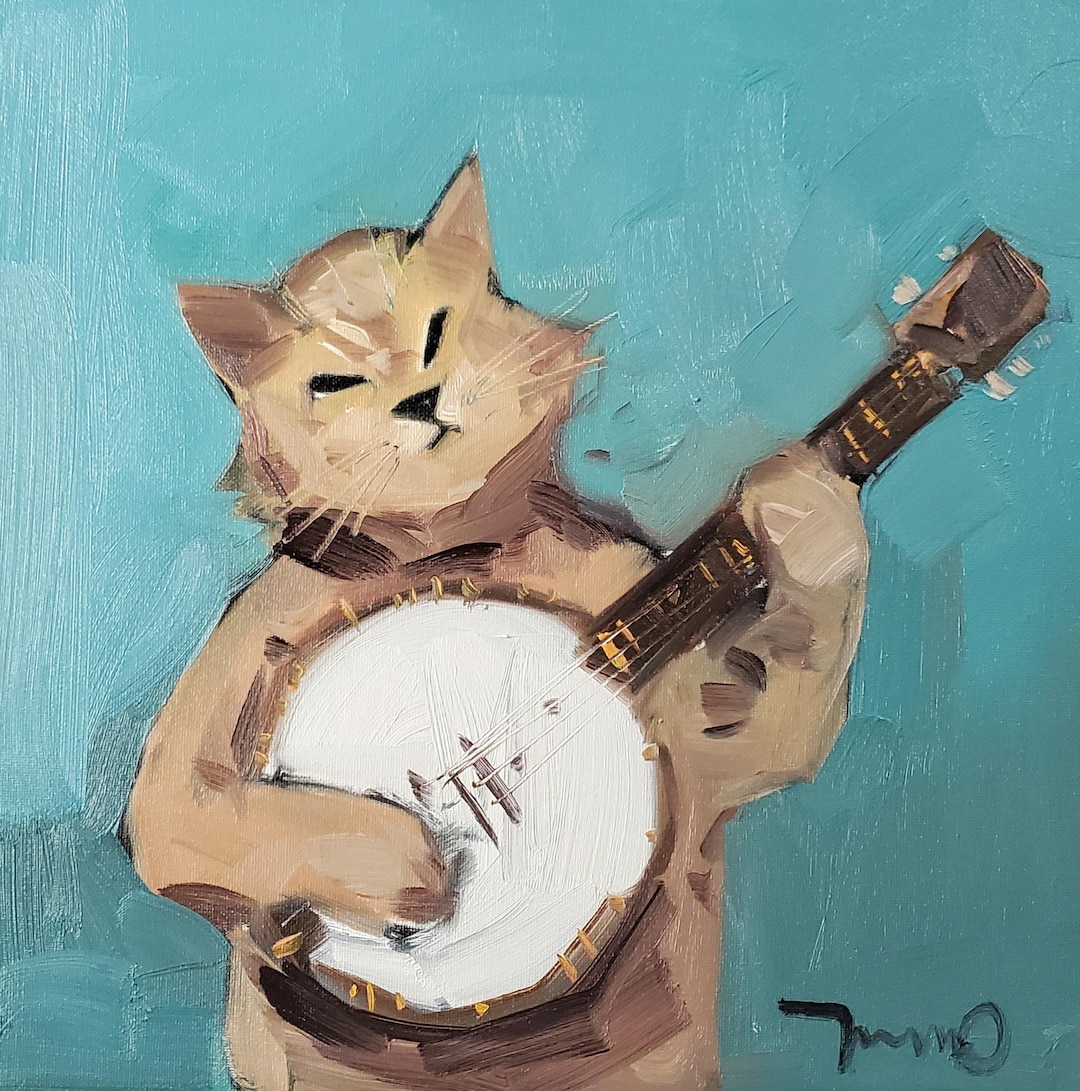 Cat Playing Banjo PRINT of Oil Painting by Artist Jose TRUJILLO 16x16 ...