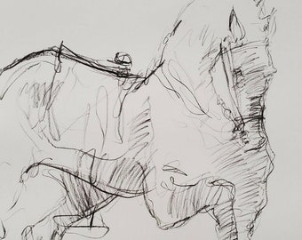 JOSE TRUJILLO - MODERNISM Signed Original Charcoal Drawing Horse Equestrian Art