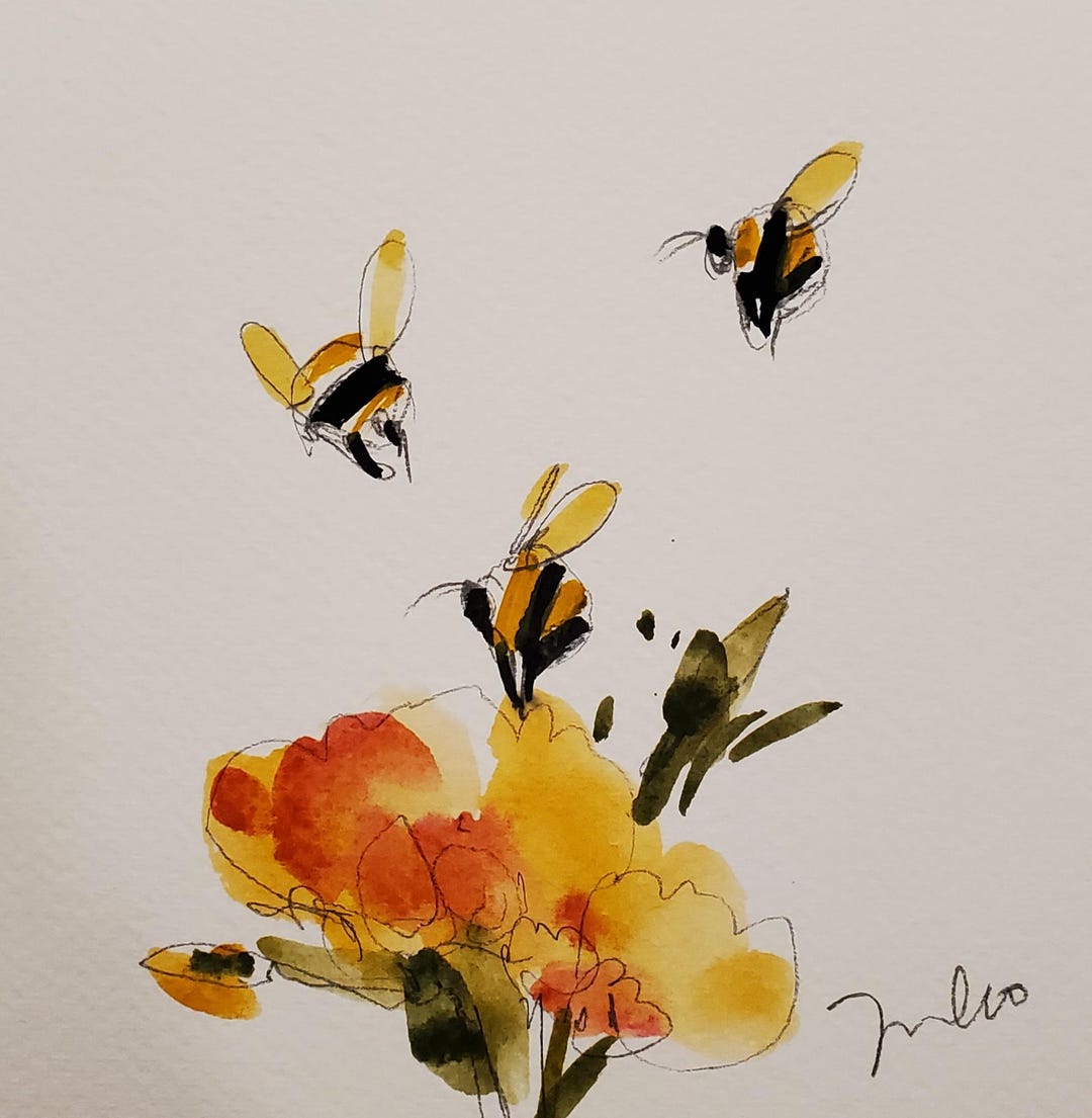 Yellow Flowers Bees Art PRINT of Watercolor Painting by Artist Jose ...