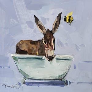 Asino giocoso nella vasca da bagno dipinto su tela dall'artista Jose Trujillo
