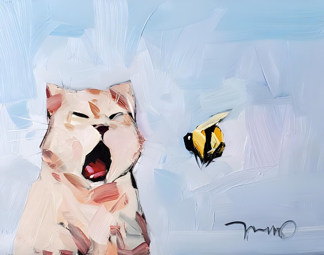 Modern Cat Bee Art PRINT of Oil Painting by Artist Jose TRUJILLO 16x20 ...