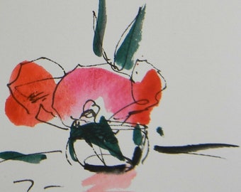 Jose Trujillo - Original Watercolor Painting Signed Small 3x3" Green Pink Floral