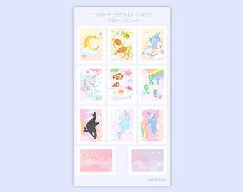 Ocean Dreams Stamp Sticker Sheet | Planner Stickers - Kawaii Stickers - Cute Stationery - Bullet Journal Stickers - Journaling Sticker