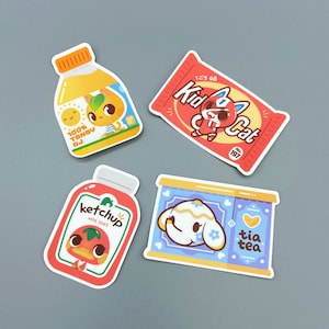 Adesivo in vinile Animal Crossing - Kit Kat per bambini, succo d'arancia piccante, tè Tia, ketchup