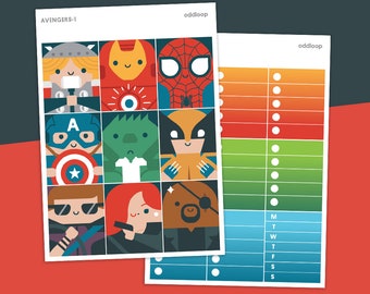 Superheroes v.1 Planner Stickers - For use with vertical planners (1.5 inch wide or 1.3 inch wide Hobonichi Cousin)