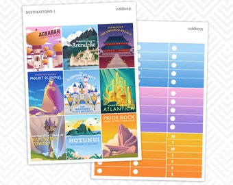 Fairytale Destinations Planner Stickers - For use with vertical planners (1.5 inch wide or 1.3 inch wide Hobonichi Cousin)