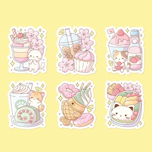 Kawaii Azjatyckie przekąski winylowe naklejki słodkie - Boba, lody, koty, taiyaki, bento, japońskie napoje i przekąski