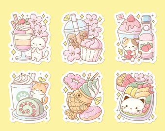 Kawaii Asian Snacks Vinyl Sticker Cute - Boba, Ice Cream, Cats, Taiyaki, Bento, Japanese Drinks and Snacks