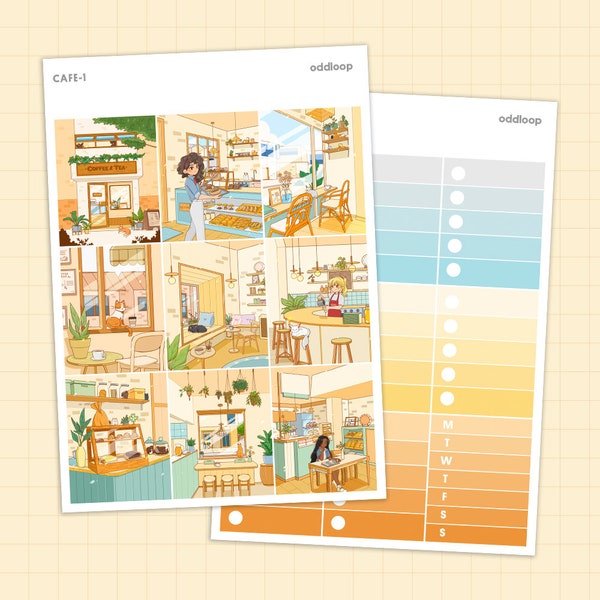 Cozy Cafe Planner Stickers - For use with vertical planner (1.5 inch wide or 1.3 inch wide Hobonichi Cousin)