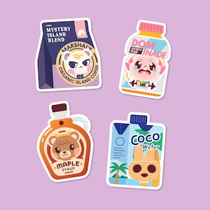 Animal Crossing Vinyl Aufkleber - Marshal Kaffee, Ahornsirup, Coco Kokosnusswasser, Dom Sports Drink