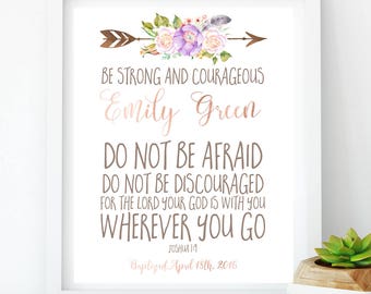 First Communion girl Baptism Gift strong courageous Dedication Baby Sign Christian Scripture lilac Nursery baby girl Joshua 1:9 idb76