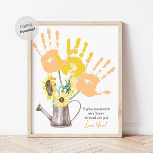 El arte de la huella de la mano de los bisabuelos era un regalo del día de los abuelos de Sunflowers de una plantilla de recuerdo imprimible para bebés, niños, bebés y niños pequeños