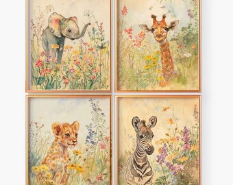 Safari Animals Nursery Art Prints: Vintage Wildflower Jungle Set (Digital Download)